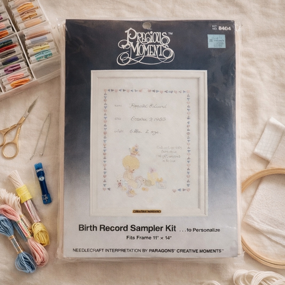 Sealed VTG Precious Moments Birth Record Sampler Cross Stitch Kit #8404 11x13